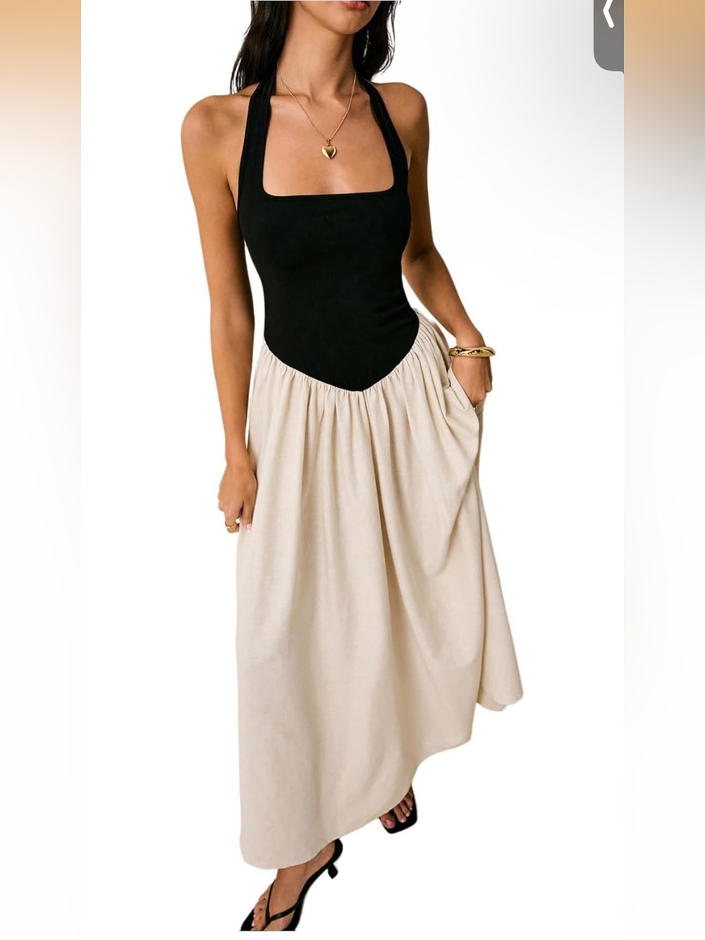Black & Cream Halter Linen Maxi Dress. NWT. Size Large - Picture 2 of 3